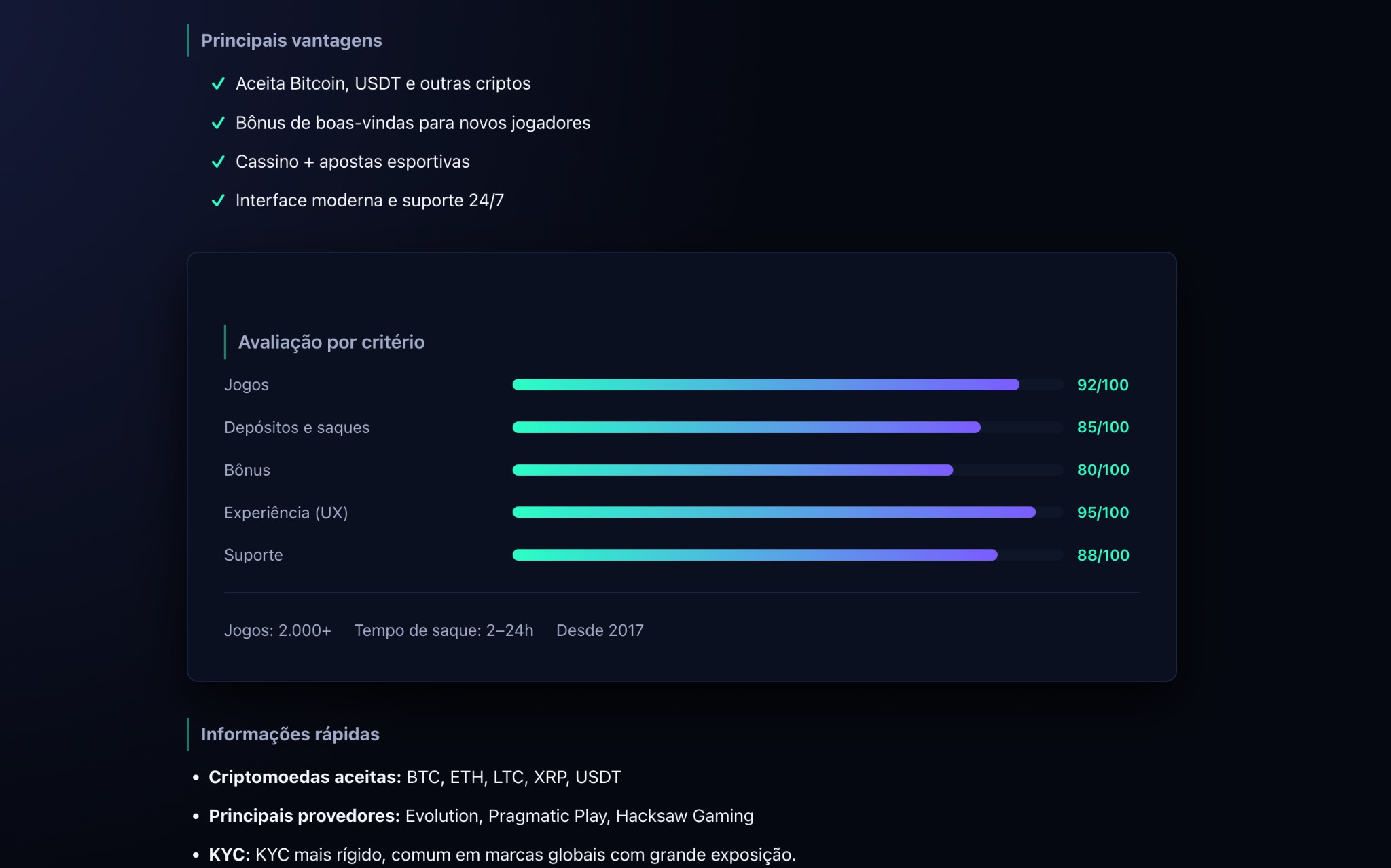 CassinoCryptoBr landing page with quick summary box